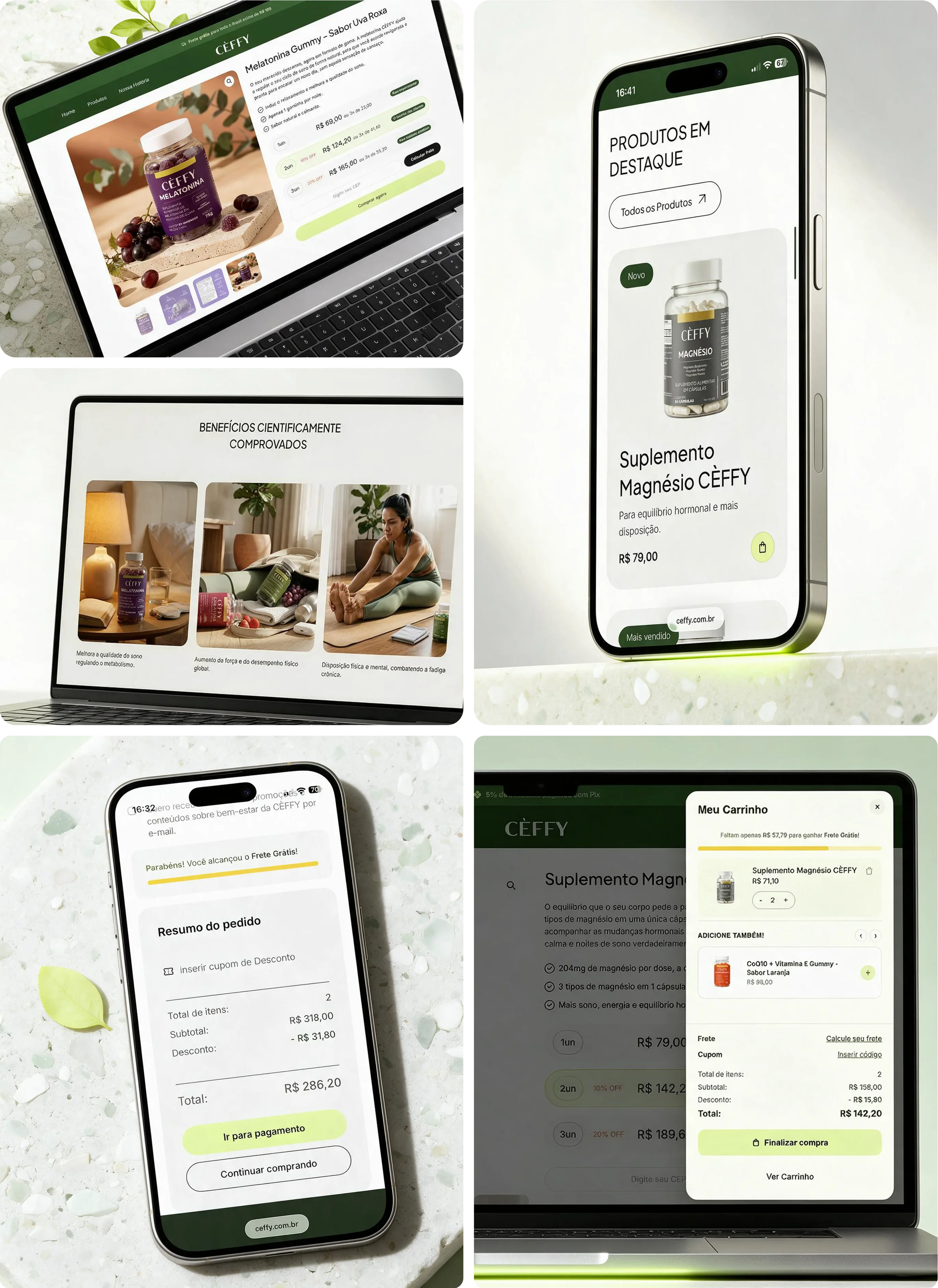 CÈFFY: mockups of the product page, mobile home, order summary and side cart