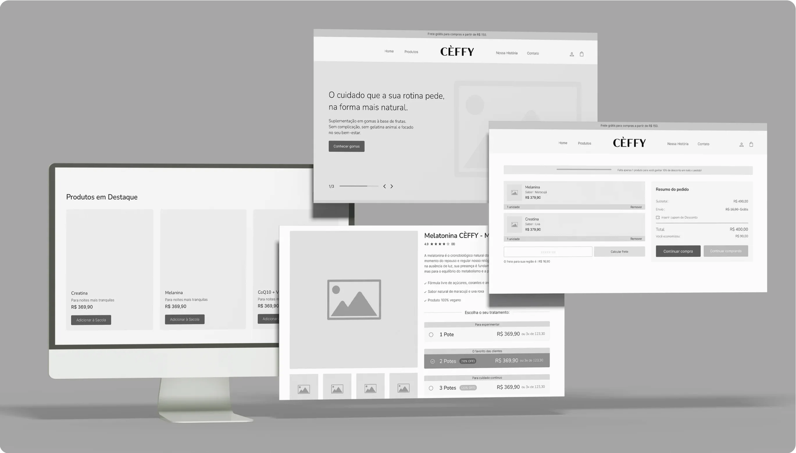 CÈFFY: desktop wireframes for home, product and cart