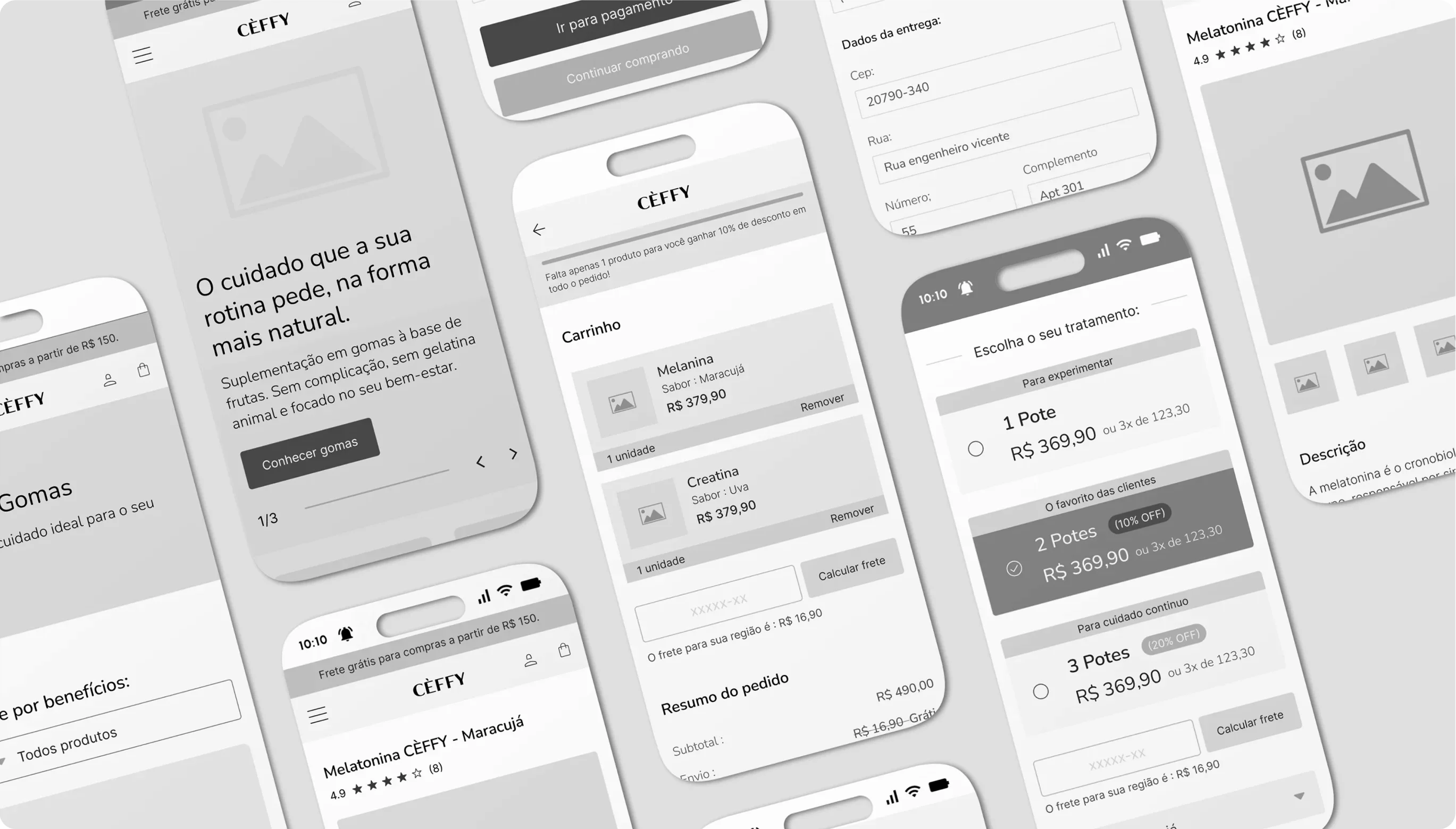 CÈFFY: mobile wireframes for home, product, cart and delivery